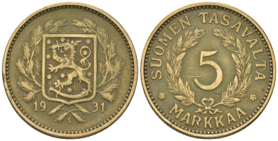 Финляндия 5 марок 1931 S KM 31 алюминиевая бронза 4589-944
