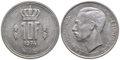 ЛЮКСЕМБУРГ 10 ФРАНКОВ 1974 KM 57 никель 4379-1235