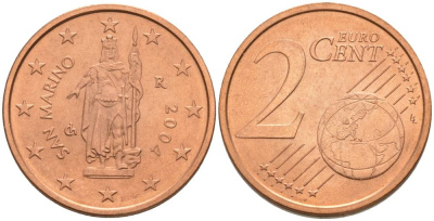 Сан-Марино 2 евроцента 2005 R KM 441 сталь плакированная медью UNC 68-746