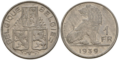 Бельгия 1 франк 1939 Belgique - Belgie KM 119 никель 4603-1232
