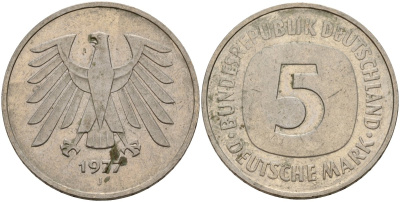 ФРГ 5 марок 1977 J KM 140.1, J. 415 медно-никель 4157-241
