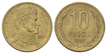 Чили 10 песо 1992 KM 228 никель латунь 4155-156