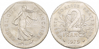 ФРАНЦИЯ 2 ФРАНКА 1979 СЕЯТЕЛЬ KM 942.1, LE FRANC 272.3 никель 4403-1125