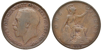 Великобритания 1 пенни 1919 Георг V (1910-1936) KM 810, Spink 4051 бронза 4123-1111