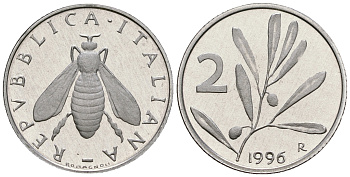 Италия 2 лиры 1996 R, оливковая ветвь, пчела KM 94 алюминий PROOF 1099-3-52