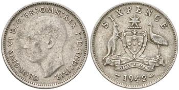 Австралия 6 пенсов 1942 Георг V (1936-1952) KM 38 серебро 4623-223