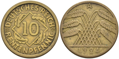 Германия 10 рентенпфеннигов 1924 A KM 33, J.309, Weege 8 алюминиевая бронза 4584-534