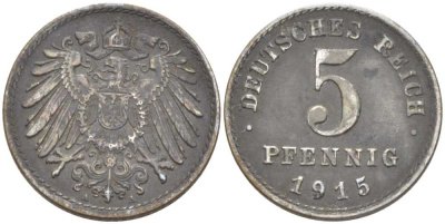 ГЕРМАНИЯ 5 ПФЕННИГОВ 1915 A KM 19, J. 297, Weege 5 железо 206-668