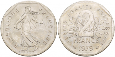 ФРАНЦИЯ 2 ФРАНКА 1979 СЕЯТЕЛЬ KM 942.1, LE FRANC 272.3 никель 4403-1125