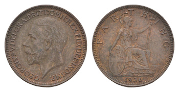 Великобритания 1 фартинг 1936 Георг V (1910-1936) KM 825, Spink 4061 бронза 3718-233