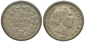 Нидерланды 5 центов 1850 Виллем III (1849-1890), точка после даты KM 91 серебро 443-612