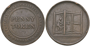 Великобритания, Барнсли (Йоркшир) 1 пенни 1812 Склад Джексона и Листера, рубчатый гурт Withers?11, Davis 76 медь 4403-733