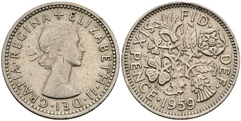 Великобритания 6 пенсов 1959 Елизавета II (1952-2022) KM 903, Spink 4149 медно-никель 4585-913