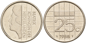 Нидерланды 25 центов 1988 Беатрикс (1980-2013) KM 204 никель    4598-439