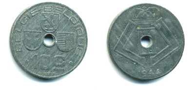 БЕЛЬГИЯ 10 САНТИМОВ 1944 BELGIE-BELGIQUE KM 126 цинк 59-1616