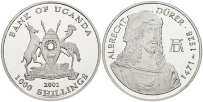Уганда 1000 шиллингов 2001 Альбрехт Дюрер (1471-1528) KM 203 серебро PROOF 1078-5-53