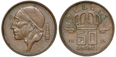 БЕЛЬГИЯ 50 САНТИМОВ 1956 KM 149.1 бронза 72-926