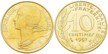 ФРАНЦИЯ 10 САНТИМОВ 1997 ТИП MARIANNE KM 929, LE FRANC 144.41 алюминиевая бронза 217-232