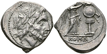 Римская Республика викториат 211 - 208 гг. до н.э. анонимный выпуск, голова Юпитера / Виктория, возлагающая венок на трофей, монетный двор на Сицилии, EXTREMELY FINE, 3,26 гр Cr. 70/1 серебро 1073-10-84