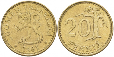 ФИНЛЯНДИЯ 20 ПЕННИ 1981 K KM 47 алюминиевая бронза 3718-514