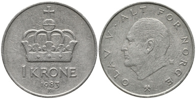 НОРВЕГИЯ 1 КРОНА 1983 ОЛАВ V (1957-1991) KM 419 медно-никель 28-947