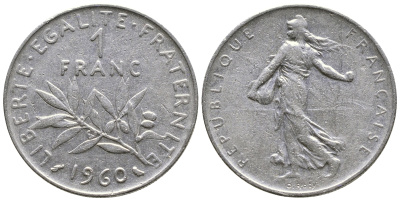 ФРАНЦИЯ 1 ФРАНК 1960 СЕЯТЕЛЬ KM 925.1, LE FRANC 226.4 никель 4385-1011