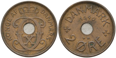 Дания 2 эре 1940 Кристиан X (1912-1947) KM 827 бронза 4147-538