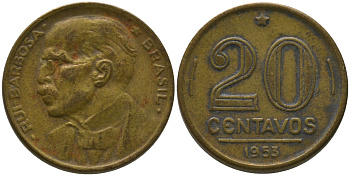 Бразилия 20 сентаво 1953 Руй Барбоза ди Оливейра KM 562, Schon 67 алюминиевая бронза 4567-925
