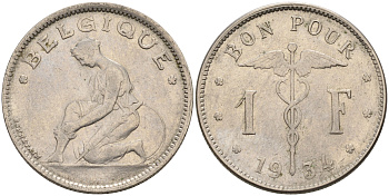 БЕЛЬГИЯ 1 ФРАНК 1934 BELGIQUE KM 89 никель 4563-1152