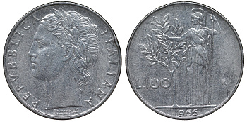 Италия 100 лир 1966 R, Афина в доспехах KM 96.1 нержавеющая сталь 4123-1232