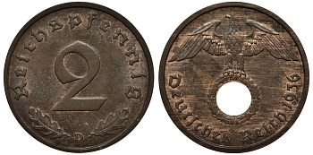 ГЕРМАНИЯ 2 РЕЙХСПФЕННИГА 1936 D J 362, KM 90 бронза aUNC 413-713