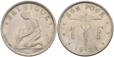 БЕЛЬГИЯ 1 ФРАНК 1934 BELGIQUE KM 89 никель 4563-1152