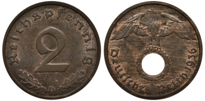 ГЕРМАНИЯ 2 РЕЙХСПФЕННИГА 1936 D J 362, KM 90 бронза aUNC 413-713