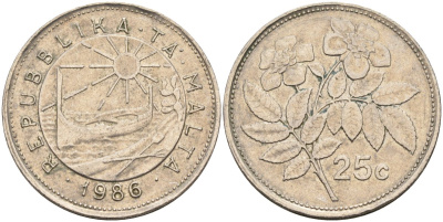 Мальта 25 центов 1986 шиповник вечнозелёный KM 80 медно-никель 65-1014