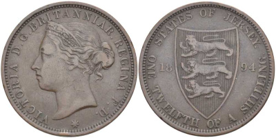 Джерси 1/12 шиллинга 1894 Виктория (1837-1901) KM 8 бронза 3996-426