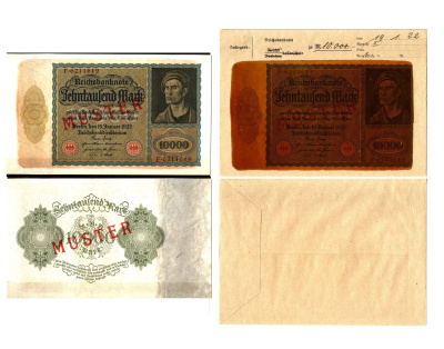 Германия 10000 марок 1922 орел за номиналом, 19 января, MUSTER, образец, Specimen. В оригинальном банковском конверте. Из коллекции Отто Сейфферта (помощник Ялмара Шахта - министра экономики Германии и президента Рейхсбанка времен третьего рейха) Pick 71 