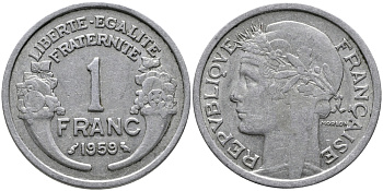 Франция 1 франк 1959 ТИП MORLON, LEGERE KM 885a.1, Le Franc 221.23 алюминий 259-1235
