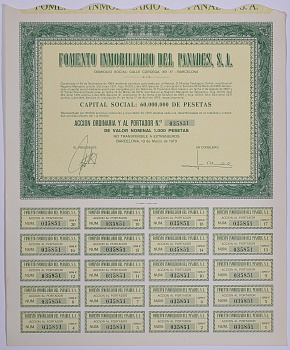 Испания акция на 1000 песет 1973 Fomento Inmobiliario del Panades, S.A., Барселона 1973, с купонами бумага 5544-16