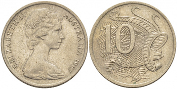 Австралия 10 центов 1967 Елизавета II (1952-), птица лирахвост KM 65 медно-никель 3457-635