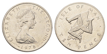 Остров Мэн 10 пенсов 1978 PM, Елизавета II (1952-2022) KM 36 медно-никель aUNC 4634-324