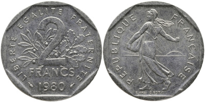 ФРАНЦИЯ 2 ФРАНКА 1980 СЕЯТЕЛЬ KM 942.1, LE FRANC 272.4 никель 65-1031