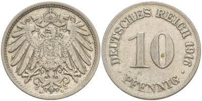 Германия 10 пфеннигов 1916 D KM 12, Jager 13, Weege 8 медно-никель 219-256