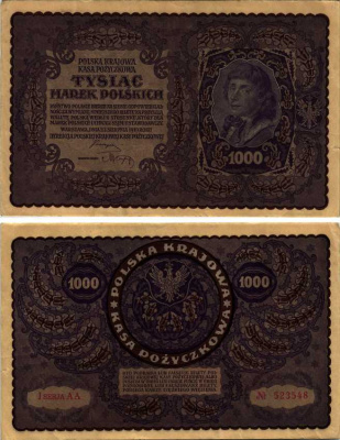 ПОЛЬША 1000 МАРОК 1919 23 АВГУСТА 1919, ТРЕТИЙ ВЫПУСК, ПОРТРЕТ КОСТЮШКО Pick 29 бумага XF 2192-92-1