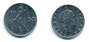 ИТАЛИЯ 50 ЛИР 1954 R, БОГ ОГНЯ ВУЛКАН У НАКОВАЛЬНИ KM 95.1 нержавеющая сталь 25-932