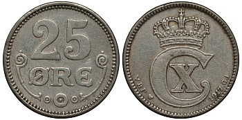 ДАНИЯ 25 ЭРЕ 1917 VBP; GJ, КРИСТИАН X (1912-1947) KM 815.1 серебро 100-735