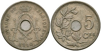 Бельгия 5 сантимов 1910 Belgique, Альберт I (1909-1934) KM 66 медно-никель 4136-466