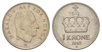 Норвегия 1 крона 1992 Харальд V (1992-) KM 436 медно-никель 4624-1151