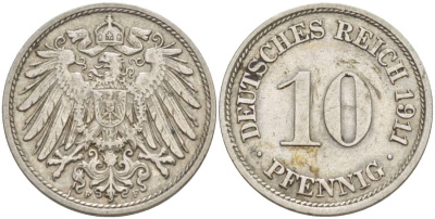 Германия 10 пфеннигов 1911 F KM 12, Jager 13, Weege 8 медно-никель 219-216