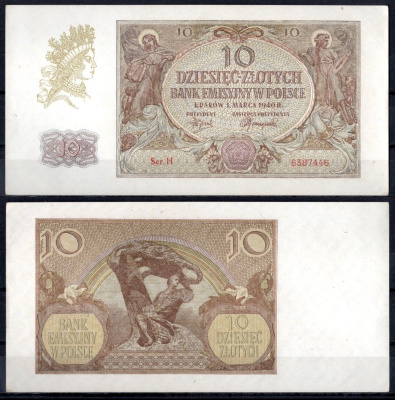 Польша 10 злотых 1940 Аллегорические женщины Pick 94 (1) бумага aUNC 451-1073-1
