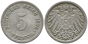 ГЕРМАНИЯ 5 ПФЕННИГОВ 1893 A KM 11, J. 12 медно-никель 39-647